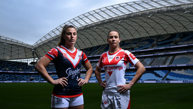 Sydney Roosters’ Jess Sergis and St George Illawarra Dragons’ Page McGregor at the newly built Allianz Stadium.