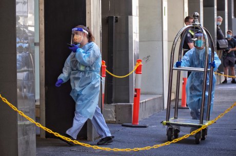 Staff at the Holiday Inn on Flinders Lane in Melbourne last week.