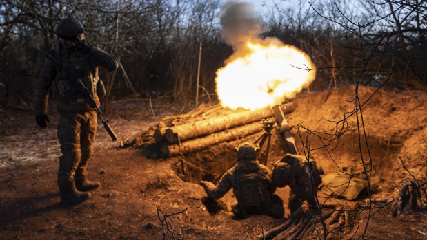 Ukrainian servicemen fire a mortar towards Russian positions at the frontline near Bakhmut, Donetsk region, Ukraine last month.