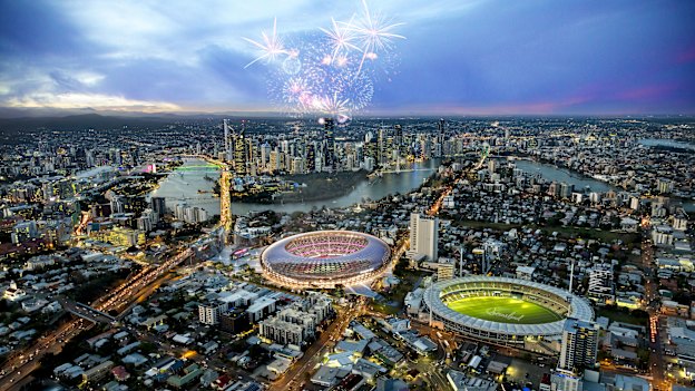 It’s Games time: The Gabba West proposal would keep the existing Gabba for Brisbane 2032, where it could be used as a warm-up track and overflow arena.