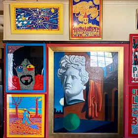 The Wirian entrance hall, like every other room, is all but covered in a exuberant amalgam of Sharp's obsessions. among them Luna Park, Van Gogh and Eternity man Arthur Stace.
