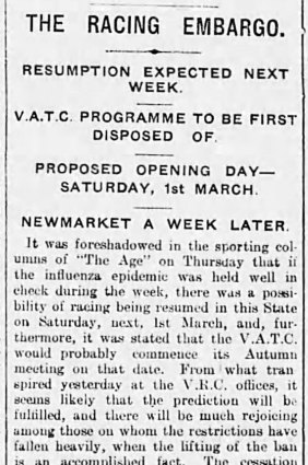 An <i>Age</i> report from February 22, 1919, on the racing embargo.
