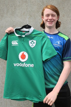 Delighted: Jayden Murphy with Kieran Marmion's Ireland jersey, sent to him by Wallaby Nick Phipps last month. 