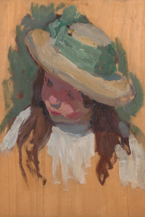 One of the works to be auctioned this Sunday by Emanuel Phillips Fox (1865-1915) is ‘Head and Shoulder Study of a Girl with Yellow Hat c. 1910-12’, oil on panel, 34 x 26cm.
