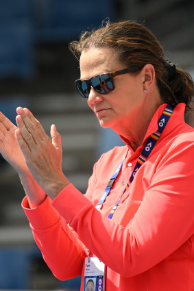 Pam Shriver gives encouragement to Croatian player Donna Vekic, who she is coaching at Melbourne Park.