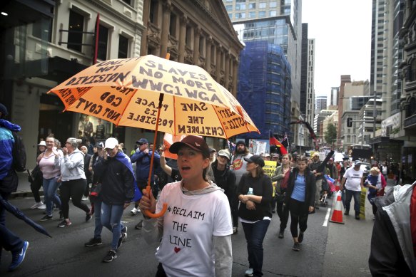 Protesters in Hyde Park, Sydney on Saturday.