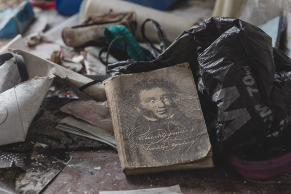 A book of Alexander Pushkin’s poetry remains amid debris in a damaged apartment in Donetsk Oblast, Ukraine, in January. 