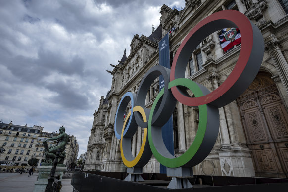 The Olympic rings pictured outside the Paris City Hall earlier this year. 