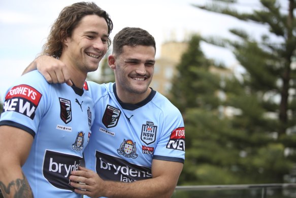 Nicho Hynes with Nathan Cleary at a Blues camp last year.