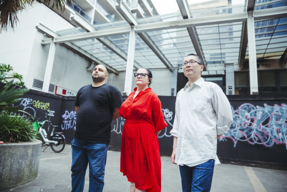 Mascot Towers residents Anthony Najafian, Treacy Sheehan, Alex Chan, outside the Mascot Tower apartments late last year.