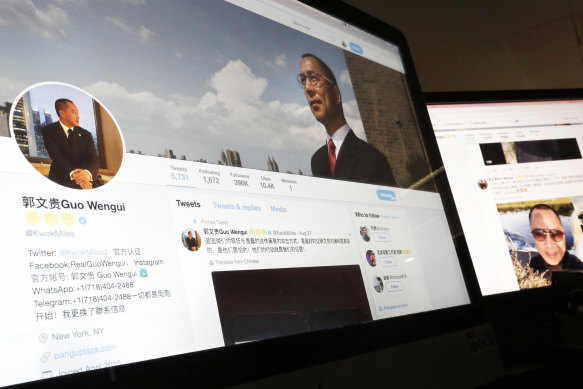 Guo Wengui'nin Ağustos 2017'deki Twitter sayfası. Yüz binlerce çevrimiçi takipçiye yalan söylemekle suçlanıyor.