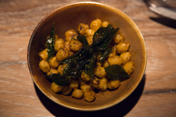 Steamed Masala chickpeas with fried curry leaves are a favourite childhood snack of chef Scully.
