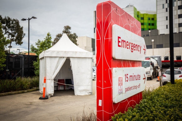Emergency departments are busier than ever in Victoria, with a tent being used by staff at Box Hill Hospital last year.