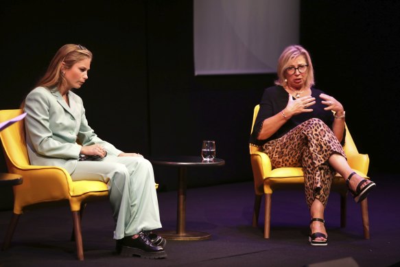 Grace Tame and Rosie Batty on stage in Sydney.