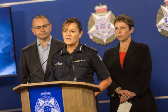 'They're not just numbers': Road Policing Commander Libby Murphy (centre) with TAC chief executive Joe Calafiore and Road Safety Minister Jaala Pulford. 