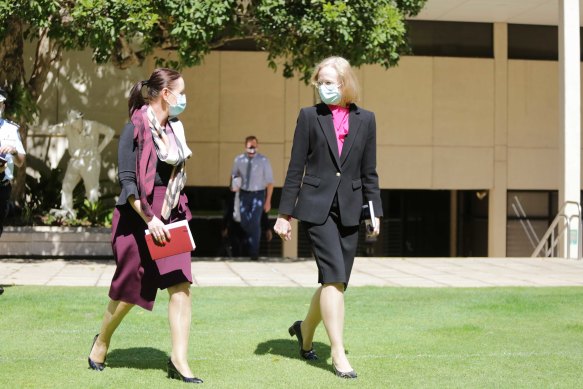 Queensland Health Minister Yvette D’Ath (left) and Chief Health Officer Jeannette Young spoke to the media on Friday.