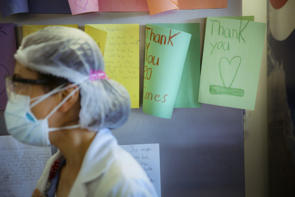 Letters of thanks to health workers at Elmhurst Hospital, in one of New York's hardest hit areas in Queens.