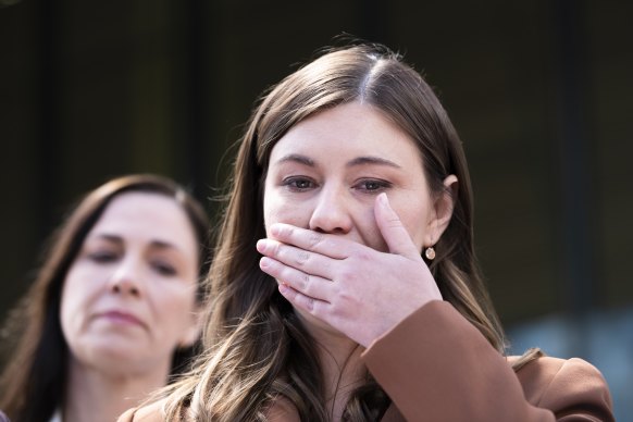 Brittany Higgins addresses the media outside the ACT Supreme Court after the rape trial of Bruce Lehrmann was aborted due to juror misconduct in October.