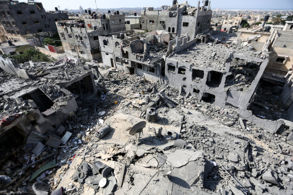 Buildings destroyed during Israeli air raids in Khan Yuni, in southern Gaza.