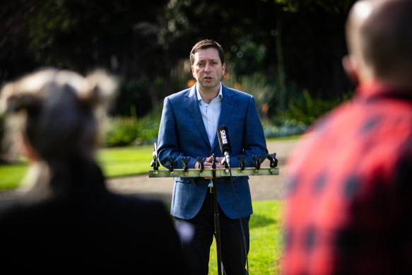 Opposition Leader Matthew Guy addresses the media on Sunday.