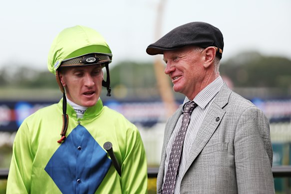 Jockey Chad Schofield and trainer Phillip Stokes after Stretan Ruler’s Silver Slipper win.