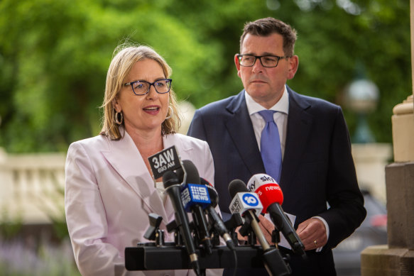 Deputy Premier Jacinta Allan and Premier Daniel Andrews speak to the media after the swearing-in ceremony at Government House on Monday. 