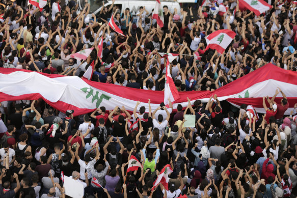 Anti-government protesters in Beirut, Lebanon on Sunday.