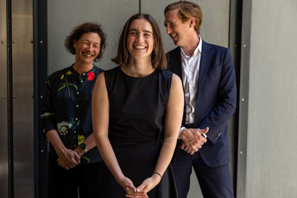 Adele Burke (centre), with Nikki and Angus Dawson. Burke is the recipient of a new $100,000 scholarship from the Katrina Dawson Foundation.