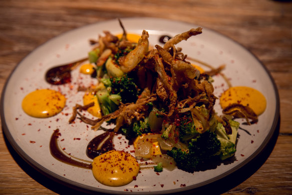 Char-Grilled Broccoli, Chinkiang Vinegar with Salted Egg Yolk at Restaurant Scully St James's.