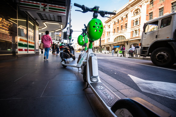 E-scooters parked on a CBD footpath.