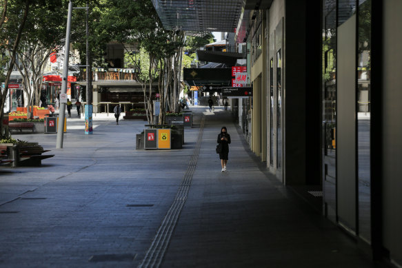 A near-deserted Queen Street Mall during the height of Brisbane’s lockdown.