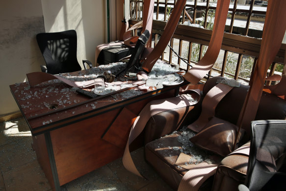 Damage is seen inside the media office of the Lebanese Hezbollah group in a southern suburb of Beirut, Lebanon. 