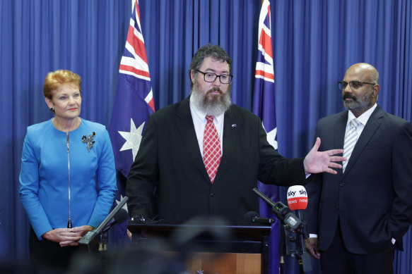 George Christensen, centre, with Pauline Hanson and fellow Senate candidate Raj Guruswamy.