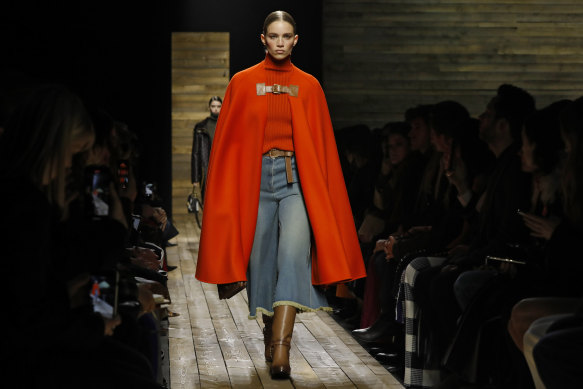 A model wears a cape in the Michael Kors show at New York Fashion Week.