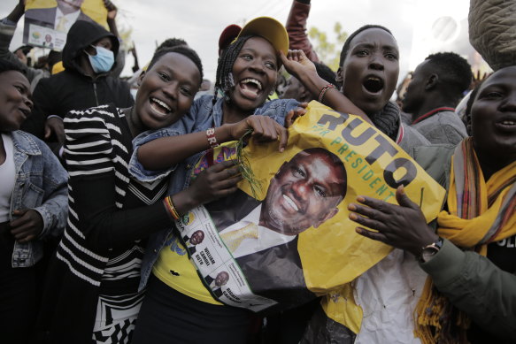 Supporters of William Ruto celebrate his presidential victory over opposition leader Raila Odinga in Eldoret, Kenya, on Monday.