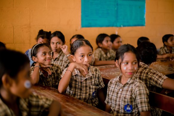 Rumbia Primary school students Riana, Dolores and Felizarda are among those waiting to receive the HPV vaccination.