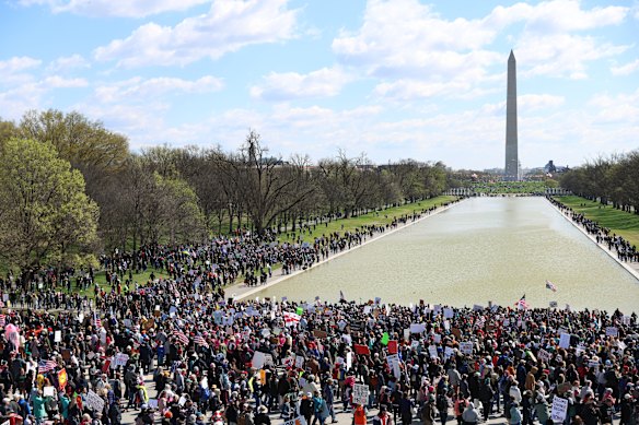 Manifestanti al National Mall di Washington DC, uno degli oltre 3000 luoghi in tutto il paese dove hanno avuto luogo le manifestazioni di No Kings.