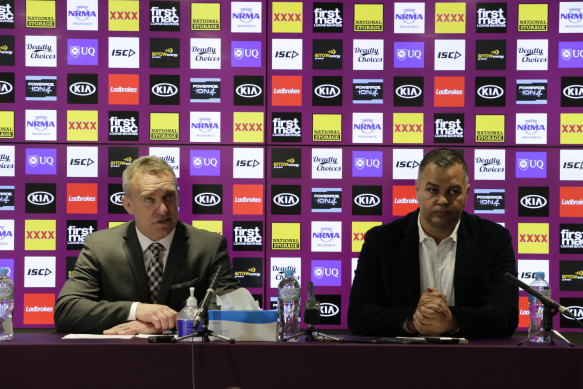 Broncos CEO Paul White and departing coach Anthony Seibold at the press conference Wednesday morning.