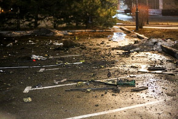 Debris from a blown up car, in Donetsk, the territory controlled by pro-Russian militants, eastern Ukraine, on Friday. The US says Russia is creating false pretexts to invade.