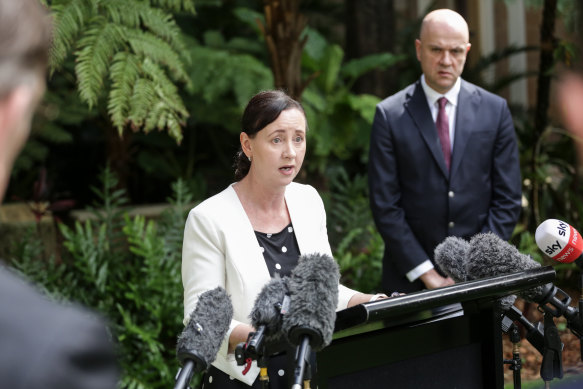 Queensland Health Minister Yvette D’Ath and Chief Health Officer John Gerrard speak to media during a COVID update at Parliament House.