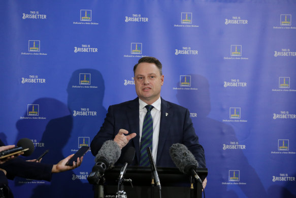 Brisbane lord mayor Adrian Schrinner speaks to the media at City Hall before handing down council’s 2021-22 budget.