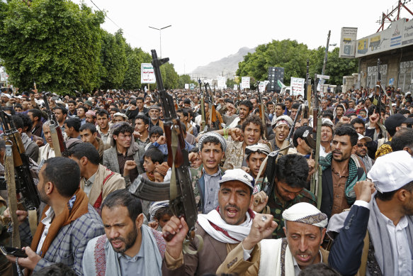 Houthi militants and supporters at a rally in Sanaa, Yemen, earlier this year.