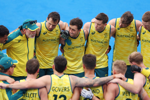 Team Australia huddle following victory against Argentina on day one of the Olympic Games Paris 2024.