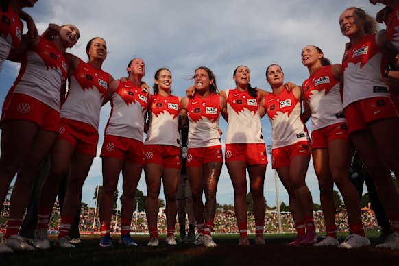 The Sydney Swans AFLW team celebrate their victory over the GWS Giants in the Sydney Derby on Sunday. 