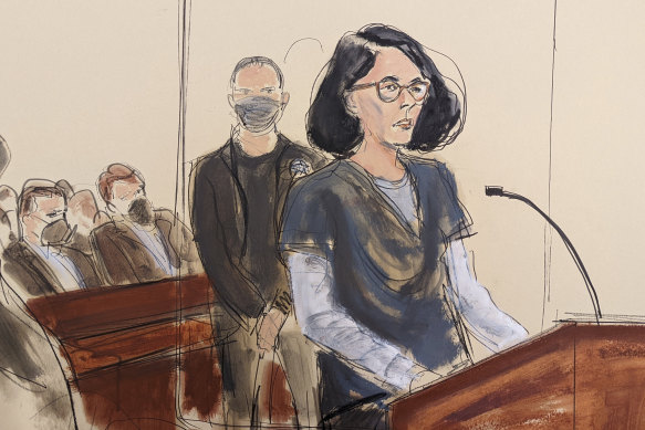 Ghislaine Maxwell sketched giving a statement in a New York court in June. 