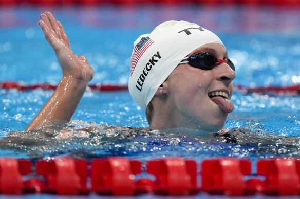 Katie Ledecky enjoys the moment after winning her heat.