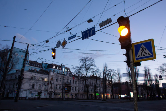 An empty city street in Kyiv, Ukraine on Sunday.