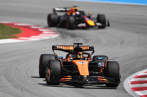 McLaren’s Oscar Piastri leads Red Bull’s Max Verstappen during the Spanish Grand Prix.