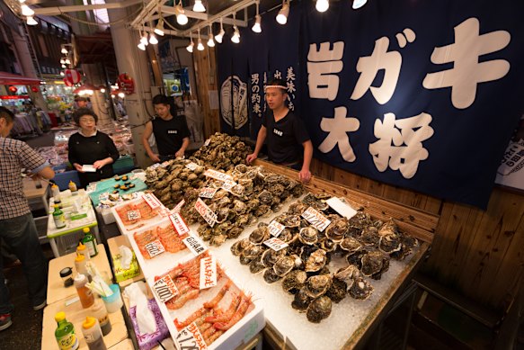 The bustling Omicho Market in Kanazawa is renowned for its seafood. 