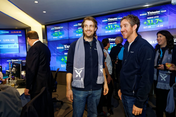 Atlassian co-founders Scott Farquhar and Mike Cannon-Brookes at the company’s 2015 IPO on the Nasdaq.